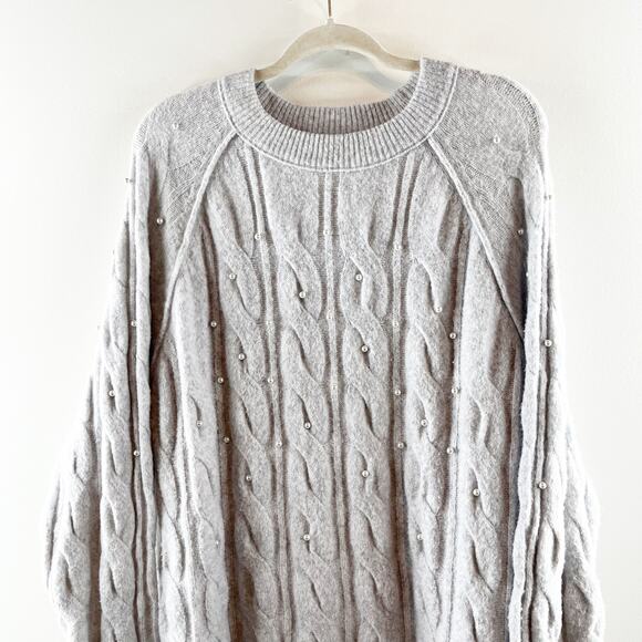 Aerie unReal Crewneck Long Sleeve Cable Pearl Detail Sweater Gray Large - Picture 5 of 10